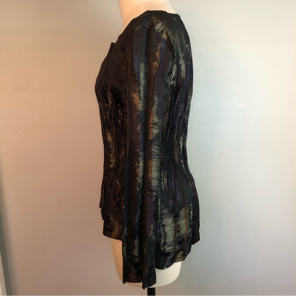 Babette Pleated Crinkle Long Sleeve Dark Purple &Black Square Neck Top Petite - Picture 2 of 15